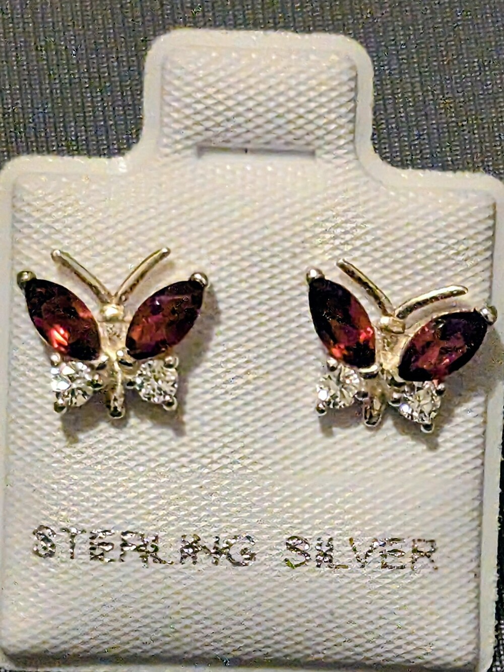 Garnet And CZ Butterfly Earrings Post Back  Set In 925 Sterling Silver